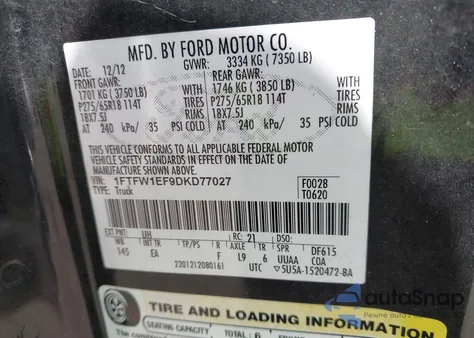 2013 Ford F-150 Lariat z USA, uszkodzony, nr VIN 1FTFW1EF9DKD77027